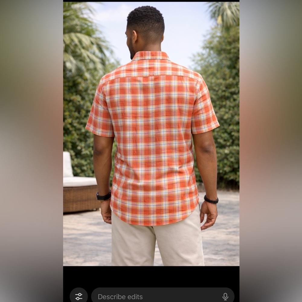 Men's Casual Orange Plaid Button-Down Shirt - Picture 3 of 4